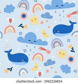 Cute childish seamless pattern with rainbows and whales. Vector graphics.