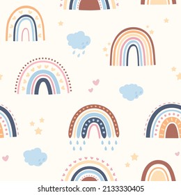Cute childish seamless pattern with rainbows, hearts and stars. Scandinavian rainbow apparel fabric print, nursery wallpaper, minimalist kids boho vector background