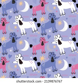 Cute childish seamless pattern with repeated patterns of dogs on a purple background. Pink gamma. Ideal for children's clothing, wallpaper, wrapping paper.
