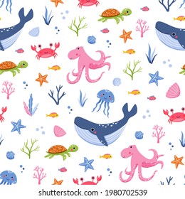 Cute childish seamless pattern with sea animals and seaweeds on white background. Kawaii whale, turtle, octopus, jellyfish, crab, fishes, shells drawn in cartoon style on summer marine print. Vector