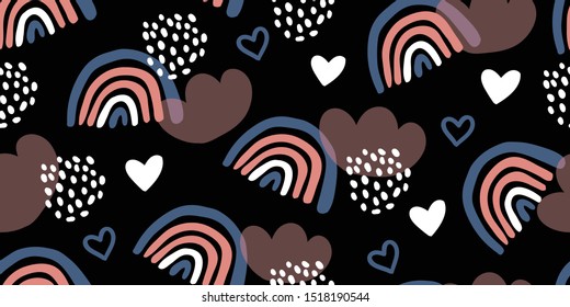 Cute childish seamless pattern with sky, clouds, rainbows, hearts on dark background. Minimalistic scandinavian pattern design. Perfect for fabric, textile, wrapping for kids. Kids pattern
