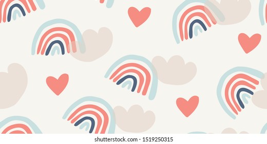 Cute childish seamless pattern with sky, clouds, rainbows, hearts on light background. Minimalistic scandinavian pattern design. Perfect for fabric, textile, wrapping for kids. Kids pattern