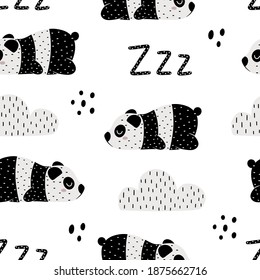 Cuidado patrón infantil sin costura con oso panda dormido, nubes y zz. Ilustración vectorial de estilo escandinavo dibujada a mano.