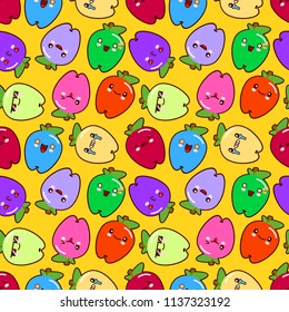 Cute childish seamless pattern as smiling cartoon characters of apples on yellow background Flat style, vector illustration.