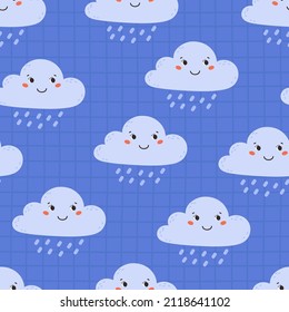 Cute childish seamless pattern with smiling cloud and rain on a checkered background. Cartoon vector illustration. Nursery Print for textiles and paper.