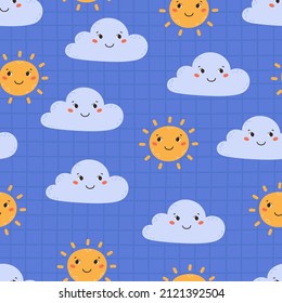 Frische, nahtlose Muster mit einer lächelnden Wolke und Sonne auf kariertem Hintergrund. Cartoon, Vektorgrafik. Kindergartendruck für Textilien und Papier.