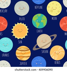 Cute childish seamless pattern as smiling cartoon characters of planets of solar system
