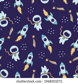 Cute childish seamless pattern of space elements, rocket, austronaut, star, satellite. Hand drawn cartoon kids style. Vector illustration for fabric, textile, wallpaper, background.