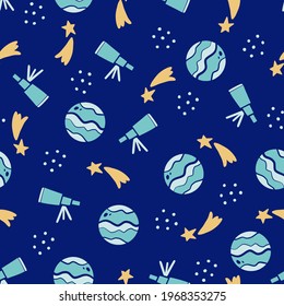 Cute childish seamless pattern of space elements, planet, star, satellite, telescope. Hand drawn cartoon kids style. Vector illustration for fabric, textile, wallpaper, background.