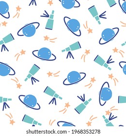 Cute childish seamless pattern of space elements, planet, star, satellite, telescope. Hand drawn cartoon kids style. Vector illustration for fabric, textile, wallpaper, background.