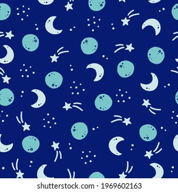 Cute childish seamless pattern of space elements, planet, star, satellite, telescope. Hand drawn cartoon kids style. Vector illustration for fabric, textile, wallpaper, background.