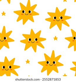 Padrão perfeito infantil bonito com estrelas. Ilustração vetorial desenhada à mão com texturas. Estrelas da moda sorridente para design e embalagem de férias.