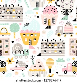 Cute childish seamless pattern with sweet buildings, transport and other sweetness. Good for kids fabric, textile, nursery wallpaper. Seamless city landscape. Scandinavian style