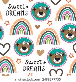 Cute childish seamless pattern with teddy bear and rainbow.