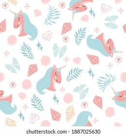 Cute childish seamless pattern with unicorn, crystals, hearts, stars and bows. Vector illustration. Pink and blue elements in white background. Simple  ornament for children. Lovely spring texture
