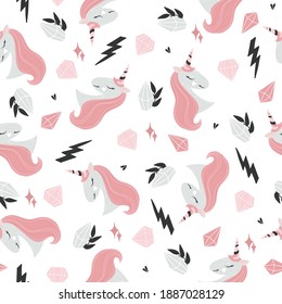 Cuidado patrón infantil sin costuras con unicornio, cristales, corazones, estrellas. Ilustración vectorial. Elementos rosados, negros y grises sobre fondo blanco. Un adorno sencillo para los niños. Bonita textura de dibujos animados