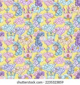 Cute childish seamless pattern with unicorns with a beautiful multicolored mane. Background with ponies, clouds, castles and birds for birthday, valentine's day and children's holidays