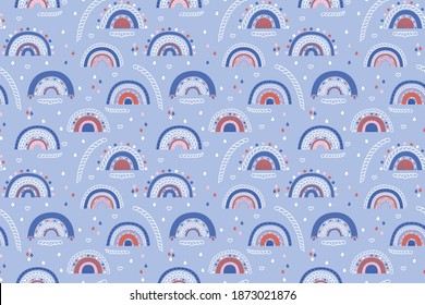 Cuidado patrón infantil sin costura de varios arcos de dibujos animados, gotas, corazones y formas blancas decorativas sobre un fondo azul. Una textura interminable y elegante de los repetidos garabatos de bebé. Vector.