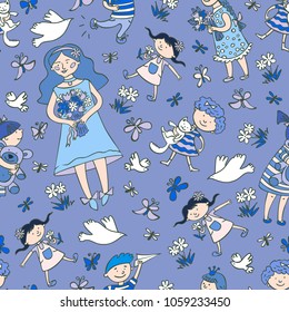 Cute childish seamless pattern. Vector hand drawn graphic illustration.