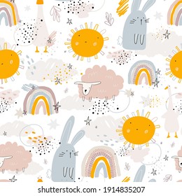 Cute childish seamless pattern vector illustration with blue rabbit, pink sheep, yellow sun, rainbow, and goose on white background. For kids apparel, fabric, nursery room decoration, wrapping paper.