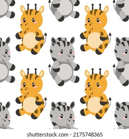 Cute childish seamless pattern with wild African kid animals zebra, giraffe on background. Hand drawn Scandinavian vector illustration. EPS