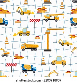 Cute childish seamless pattern with yellow car dump truck, crane, concrete mixer. Construction site illustration in cartoon style.