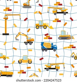 Patrón infantil sin costura con camión de volcado amarillo, grúa, mezclador de hormigón. Ilustración del sitio de construcción al estilo de las caricaturas.