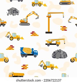 Cute childish seamless pattern with yellow car dump truck, crane, concrete mixer. Construction site illustration in cartoon style.