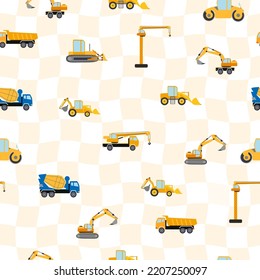 Cute childish seamless pattern with yellow car dump truck, crane, concrete mixer. Construction site illustration in cartoon style.