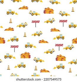 Cute childish seamless pattern with yellow car dump truck, crane, concrete mixer. Construction site illustration in cartoon style.