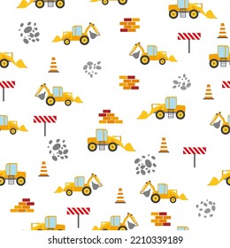 Cute childish seamless pattern with yellow car dump truck, crane, concrete mixer. Construction site illustration in cartoon style.