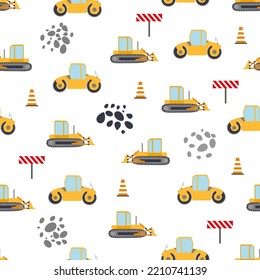 Cute childish seamless pattern with yellow car dump truck, crane, concrete mixer. Construction site illustration in cartoon style.