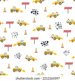 Cute childish seamless pattern with yellow car dump truck, crane, concrete mixer. Construction site illustration in cartoon style.