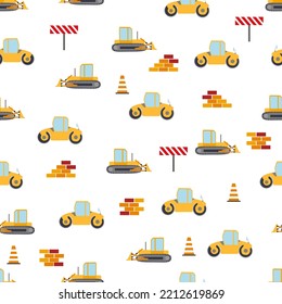 Cute childish seamless pattern with yellow car dump truck, crane, concrete mixer. Construction site illustration in cartoon style.