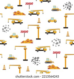 Cute childish seamless pattern with yellow car dump truck, crane, concrete mixer. Construction site illustration in cartoon style.
