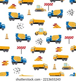 Cute childish seamless pattern with yellow car dump truck, crane, concrete mixer. Construction site illustration in cartoon style.