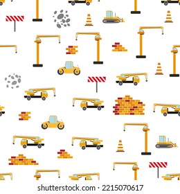 Cute childish seamless pattern with yellow car dump truck, crane, concrete mixer. Construction site illustration in cartoon style.