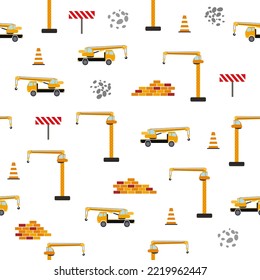 Cute childish seamless pattern with yellow car dump truck, crane, concrete mixer. Construction site illustration in cartoon style.