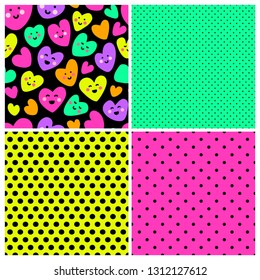 Cute childish seamless patterns with funny kawaii cartoon characters of hearts in 80s style