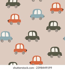 Cute childish seamless repeating children simple pattern with cars. Children's pattern with cars.