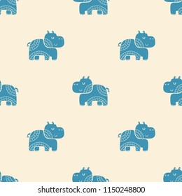 Cute childish seamless vector pattern with hippopotamus. Pattern in Scandinavian style.