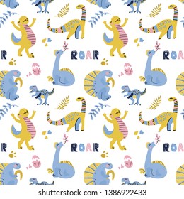 Cute childish seamless vector pattern with dinosaurswith eggs, decor and words dino. Funny cartoon dino. Hand drawn doodle design for girls, kids. Children illustration for fashion clothes, fabric.
