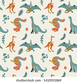 Cute childish seamless vector pattern with dinosaurs t-rex with eggs, decor. Funny cartoon dino pterodactyl. Hand drawn doodle design for girls, kids. children illustration for fashion clothes,fabric