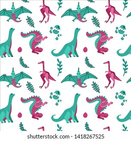 Cute childish seamless vector pattern with dinosaurs with eggs, plants. Funny cartoon dinos on white background. Hand drawn doodle design for girls, children illustration for fashion clothes, fabric.