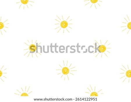 Cute Childish Seamless Vector Pattern With Hand Drawn Yellow Sun on a White Background. Infantile Style Endless Design With Doodle Sun. Sunny Wallpaper. Crayon Drawing-like Abstract Sun. RGB Colors.