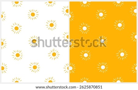 Cute Childish Seamless Vector Patterns With Hand Drawn Sun on a White And Yellow Background. Infantile Style Endless Design With Doodle Sun. Sunny Wallpaper. Crayon Drawing-like Abstract Sun. RGB.