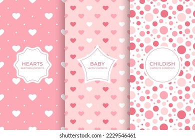 Cute childish set of 3 vector seamless pattern. Collection of backgrounds for baby. Stock illustration