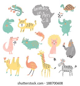 Cute childish set. African animals: iguana, turtle, elephant, tiger, hippopotamus, crocodile, rhinoceros, lion, gorilla, camel, ostrich, giraffe, zebra in vector. Funny cartoon animals