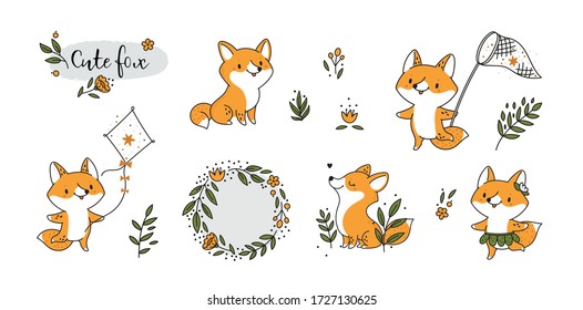 Cute childish set with baby animal. Little fox summer holiday collection. Outdoor activities for kids. Adorable little animals enjoy weekend. Children vector illustration isolated on white background