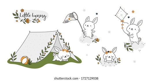 Cute childish set with baby bunny animal. Little rabbit in summer holiday collection. Outdoor activities for kids. Camping in forest with adorable little animals. Children vector illustration on white